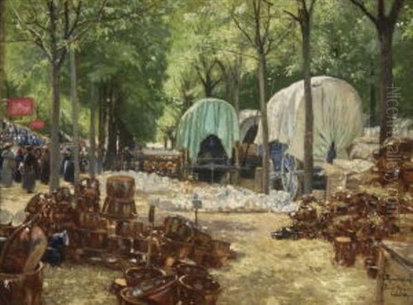 Auf Der Junimesse In Karlsruhe. Irdenware Vor Den Wagen Der Handler Unter Baumen Oil Painting by Paul von Ravenstein