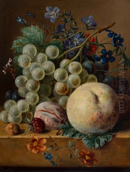 Still Life With Flowers And Fruit On A Plinth Oil Painting by Adriana Van Ravenswaay