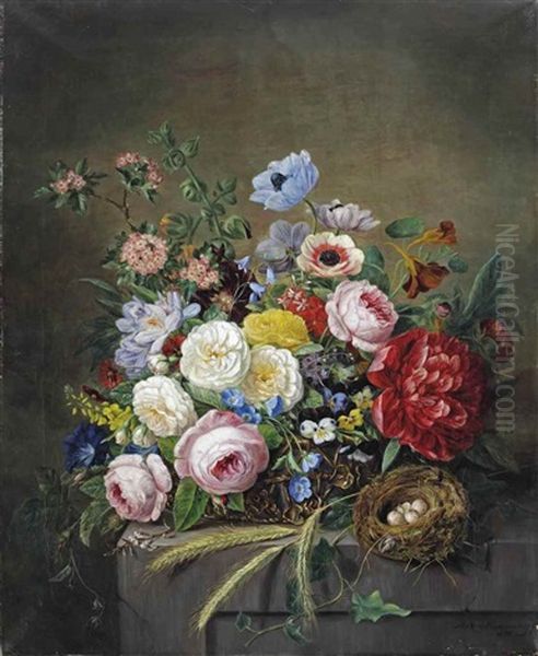 An Abundant Flower Still Life With A Birds Nest On A Stone Ledge Oil Painting by Adriana Van Ravenswaay