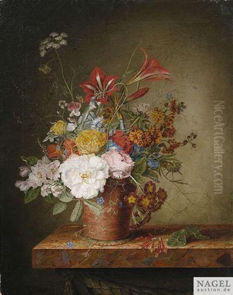 Blumenstilleben Mit Rosen Und Lilien Im Tontopf Auf Einer Marmorkonsole Oil Painting by Adriana Van Ravenswaay