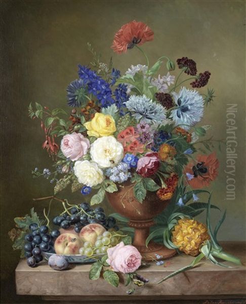 A Vase Of Mixed Flowers And Fruit On A Marble Ledge Oil Painting by Adriana Van Ravenswaay