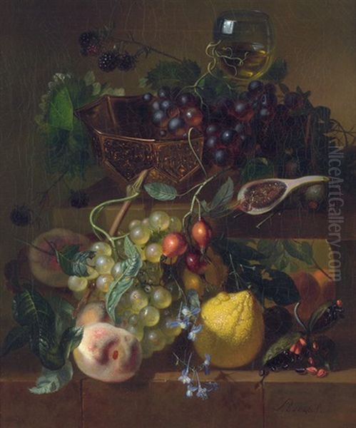 Fruchtestilleben Mit Messingschale Und Romer Oil Painting by Adriana Van Ravenswaay