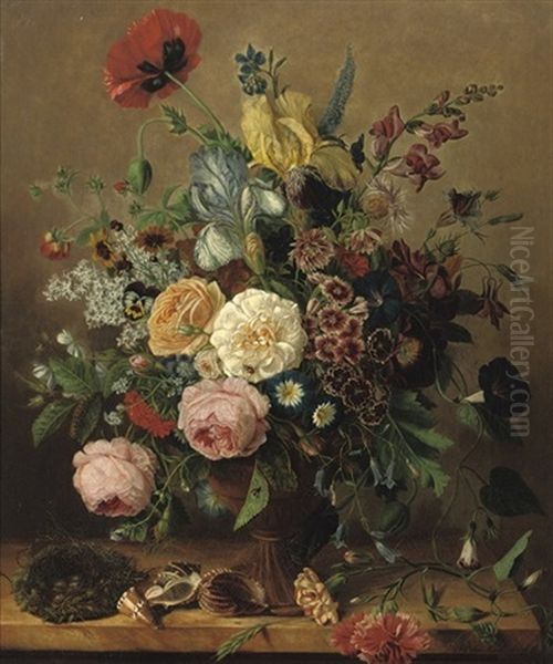 Roses, Peonies, Delphinium And Various Other Flowers In A Vase, Together With Shells And A Birds Nest, All On A Stone Ledge Oil Painting by Adriana Van Ravenswaay