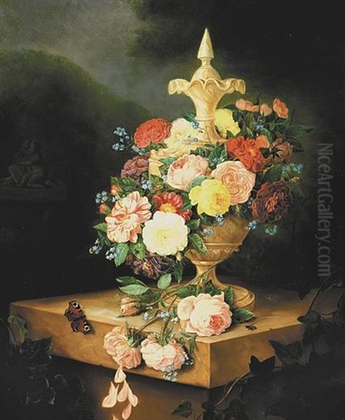 A Still Life With Roses, Carnations, Forget-me-nots And Other Flowers Oil Painting by Adriana Van Ravenswaay