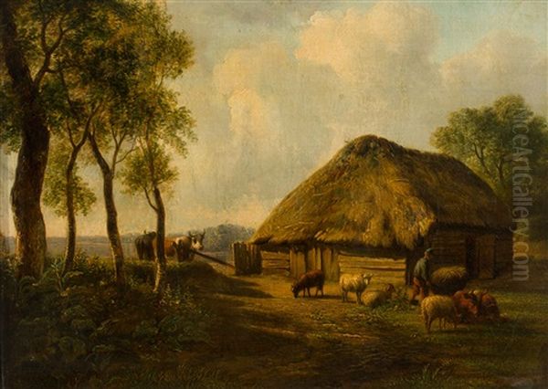 Farmer With Cows And Sheep By The Stable Oil Painting by Jan Van Ravenswaay