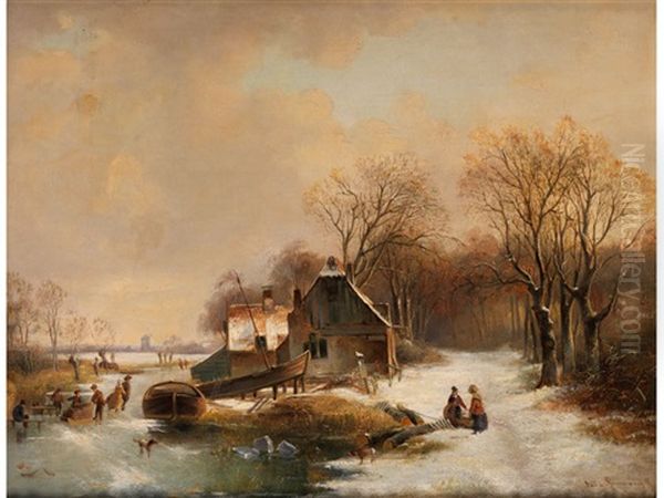 Winterlandschaft Mit Fischerhaus Und Schlittschuhlaufern by Jan Van Ravenswaay