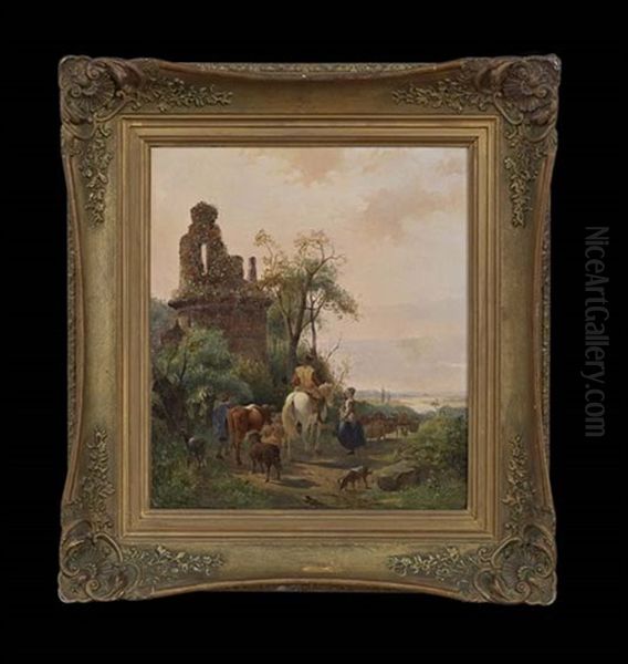 Landscape With Shepherds And Cattle, Amongst Ruins Oil Painting by Jan Van Ravenswaay