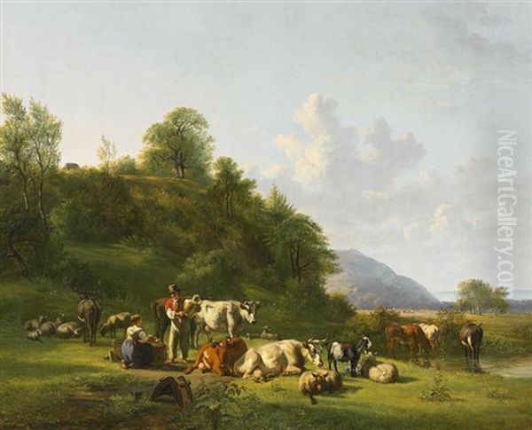 Weite Tallandschaft Mit Lagerndem Vieh Oil Painting by Jan Van Ravenswaay