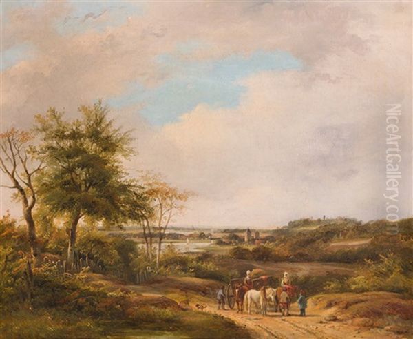 Landschaft Mit Pferdefuhrwerk Oil Painting by Jan Van Ravenswaay