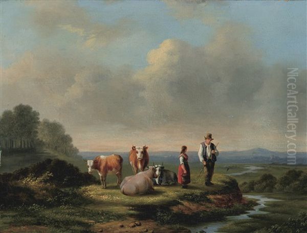 Landschap Met Koeien En Hoeder Oil Painting by Jan Van Ravenswaay