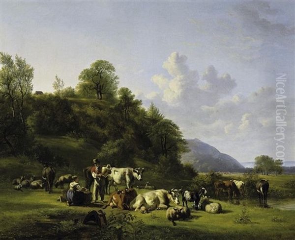 In Einem Weiten Wiesental Zwei Bauersleute Beim Melken Der Kuhe Oil Painting by Jan Van Ravenswaay