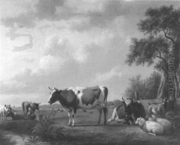 Landschaft Mit Stehenden Und Lagernden Kuhen, Daneben Ziege Und Schafe Oil Painting by Jan Van Ravenswaay