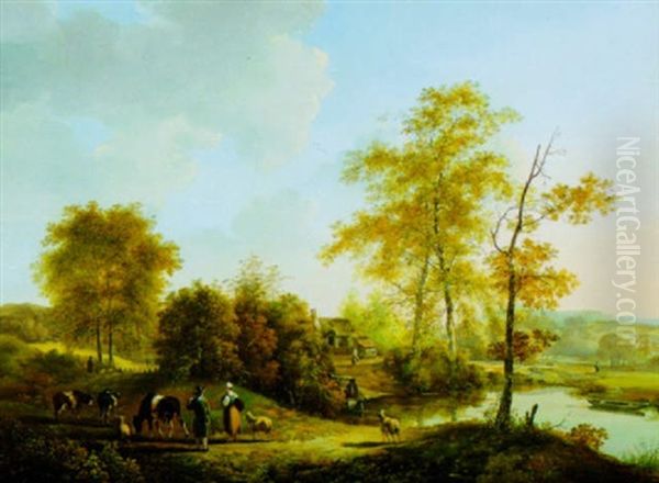 View Of A Thriving Dutch Farmstead In Grand Landscape, With Country Folk, Cattle And Sheep Oil Painting by Jan Van Ravenswaay