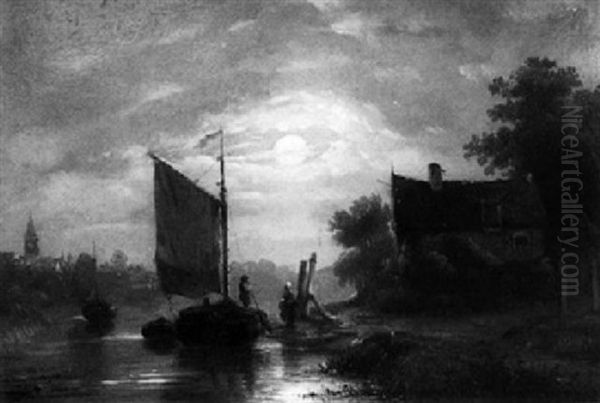 A Ship In A Moonlit Bay by Jan Van Ravenswaay