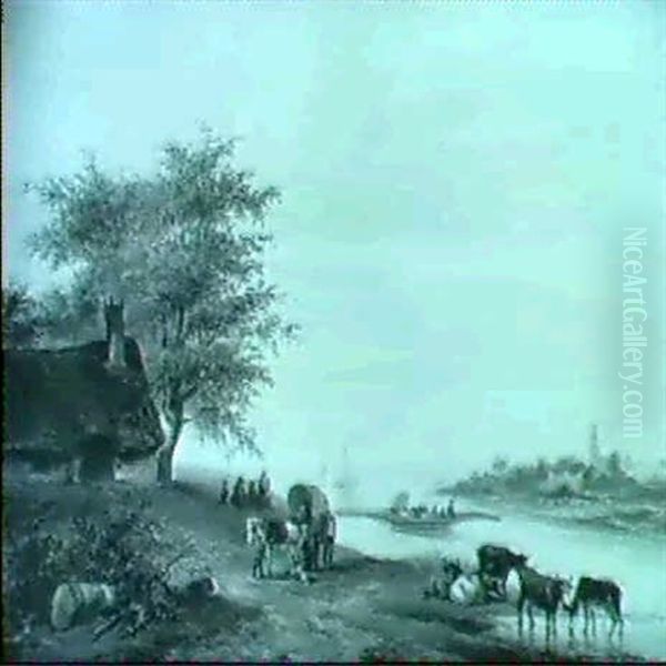 Flusslandschaft Mit Einer Bauernkate Und Saufendem Vieh Oil Painting by Jan Van Ravenswaay