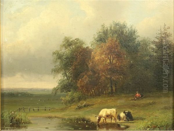 Landschap Met Rustende Herder En Koeien Aan Een Drenkplaats Oil Painting by Johannes Gijsbertus van Ravenswaay