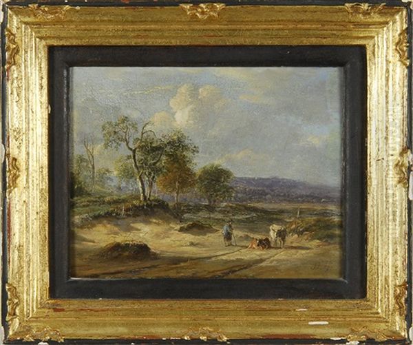 Figure And Cattle On Path Oil Painting by Johannes Gijsbertus van Ravenswaay