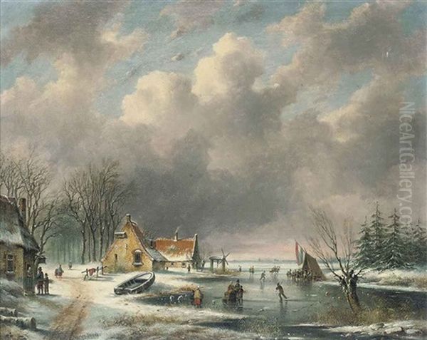 A Frozen River Landscape With Figures Oil Painting by Johannes Gijsbertus van Ravenswaay