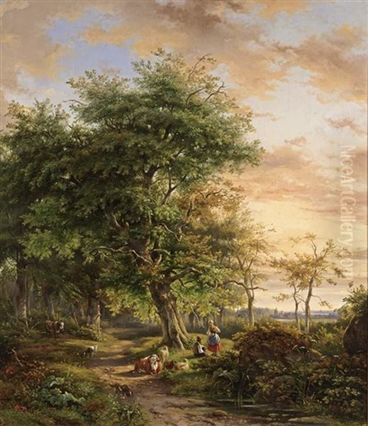 Travellers On A Path In A Wooded Landscape Oil Painting by Johannes Gijsbertus van Ravenswaay