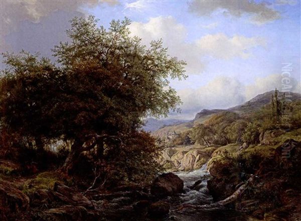 Shepherds By A Stream In A Rocky Landscape Oil Painting by Johannes Gijsbertus van Ravenswaay