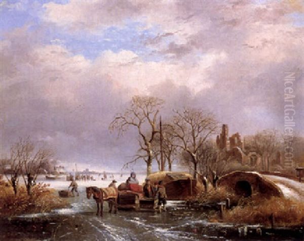 Figures With A Horse And Sled On A Frozen River Oil Painting by Johannes Gijsbertus van Ravenswaay