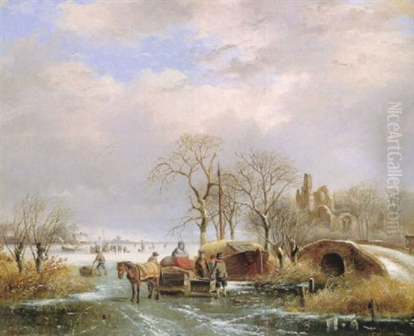 Figures With A Horse And Sled On A Frozen River Oil Painting by Johannes Gijsbertus van Ravenswaay