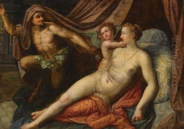 Venus And Cupid Together With A Satyr Oil Painting by Dirk de Quade van Ravesteyn