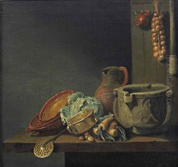 Earthenware Vessels, A Cabbage, Parsnips, Onions, A Copper Pot With A Stone Mortar, An Earthenware Jug, A Straining Ladle On A Wooden Table, With A Pestle, Onions And A Small Earthenware Jug Hanging On The Wall Behind Oil Painting by Hubert van Ravesteyn