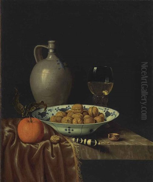 Walnuts In A Wan-li Porcelain Bowl, A Stoneware Jug, An Orange, A Knife With An Ebony And Ivory Handle And A Roemer, On A Partially Draped Ledge Oil Painting by Hubert van Ravesteyn