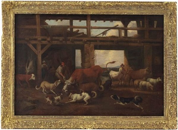 Aufgebrachte Hundemeute Im Stall Oil Painting by Hubert van Ravesteyn