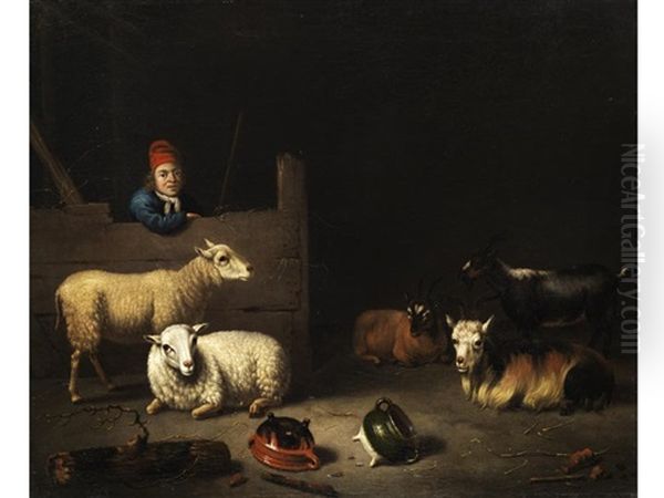 Stallinneres Mit Schafen Und Ziegen Sowie Einem Knaben Mit Roter Mutze Und Blauem Wams Oil Painting by Hubert van Ravesteyn