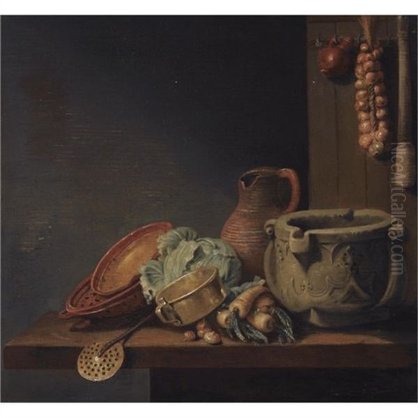 A Kitchen Still Life With A Cabbage, Onions, Parsnips, A Jug And Other Kitchen Utensils Over A Wooden Table Oil Painting by Hubert van Ravesteyn