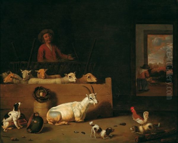 Scheuneninterieur Mit Ziegen, Hunden, Federvieh Und Einem Hirten Oil Painting by Hubert van Ravesteyn