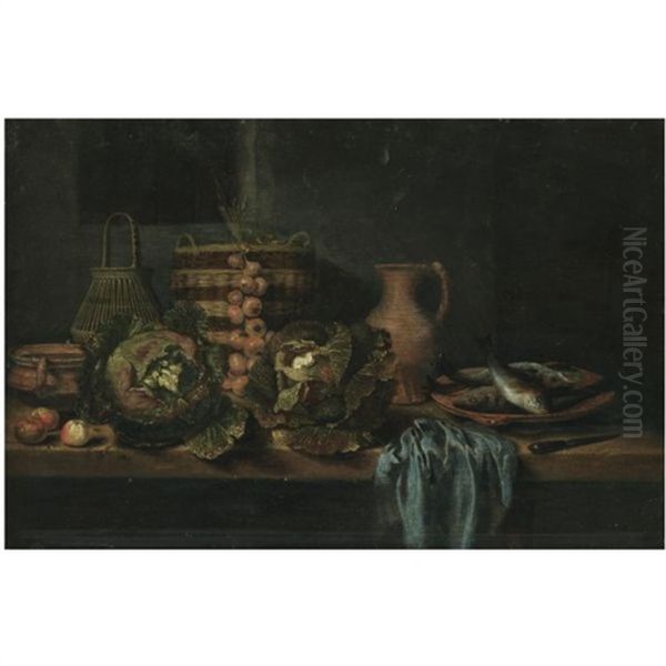 A Still Life With Cabbages, Onions, Apples, A Knife, Wicker Baskets And Earthenware Jugs On A Table, Together With A Plate Of Fish And A Blue Cloth Oil Painting by Hubert van Ravesteyn