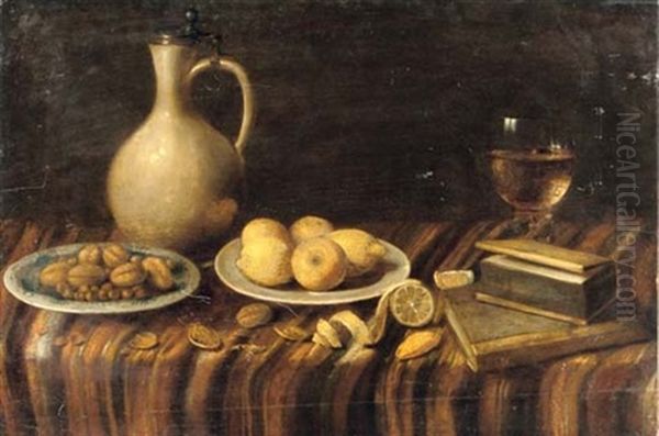 An Earthenware Jug, A Glass Of Wine, Two Books, A Plate With Nuts And A Plate With Lemons On A Draped Table Oil Painting by Hubert van Ravesteyn