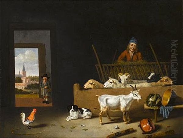 A Barn Interior With Sheep, A Goat, A Dog, A Cockerel And A Farmer, With A Boy In The Doorway, A View To A Village Beyond Oil Painting by Hubert van Ravesteyn