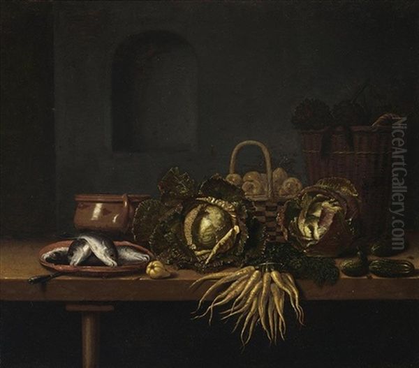 A Still Life With Cabbages, Carrots, Gherkins, Fish On An Earthenware Plate, An Earthenware Pot And Two Baskets With Artichokes And Pears, All On A Wooden Table With A Pear Oil Painting by Hubert van Ravesteyn