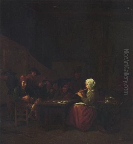 Boors Listening To A Maid Playing A Flute In A Tavern Oil Painting by Hubert van Ravesteyn