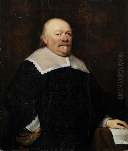 Portrait Of A Gentleman, Three-quarter-length, In Black Costume With His Hand Resting On A Table Oil Painting by Jan Anthonisz Van Ravesteyn