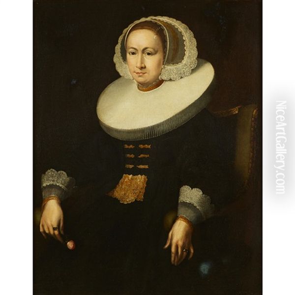 Portrait Of A Lady With White Ruff And Cap, Holding A Flower Oil Painting by Jan Anthonisz Van Ravesteyn