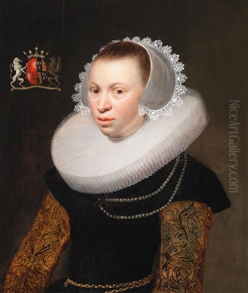 Portrait Of Catharina Van Beverwijck (1613-1691), Her Coat-of-arms At Upper Left Oil Painting by Jan Anthonisz Van Ravesteyn