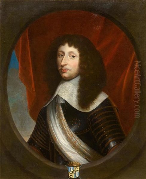 Portrait Of A Man In Armour, Oval Trompe-l'oeil Fragment With Coat Of Arms Oil Painting by Jan Anthonisz Van Ravesteyn