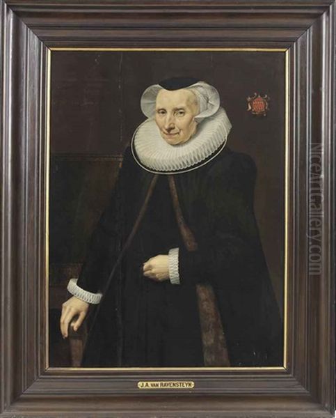 Portrait Of Vincentia Van Der Does (1543-1628), Three-quarter-length, In A Black Gown With A Fur-lined Tabbaard, Lace Ruff And Cap Oil Painting by Jan Anthonisz Van Ravesteyn