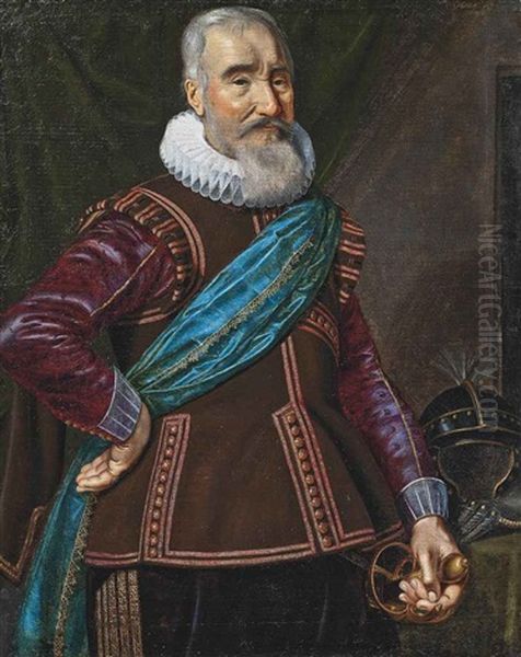 Portrait Of A Gentleman, Three-quarter-length, With A Blue Sash, A Sword In His Left Hand, Standing Beside A Draped Table With A Helmet, In An Interior Oil Painting by Jan Anthonisz Van Ravesteyn