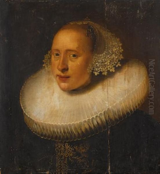 Portrait Of A Woman Wearing A White Ruff And Lace Collar (in 2 Parts) Oil Painting by Jan Anthonisz Van Ravesteyn