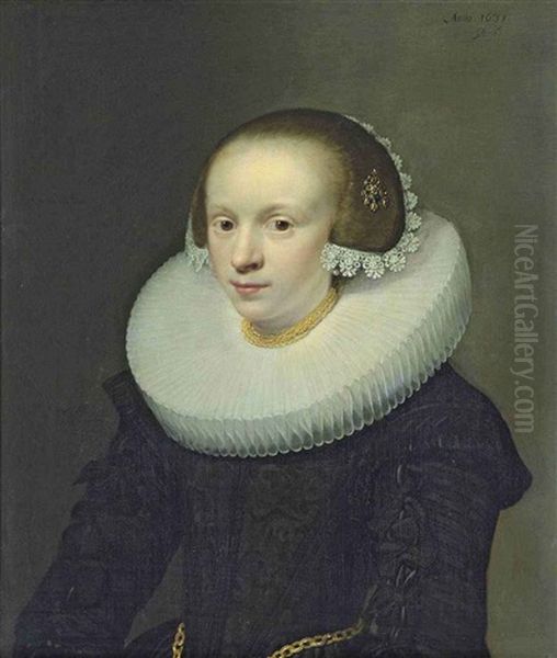 Portrait Of A Lady In A Black Dress With A Ruff, Gold Chains Around Her Neck And Waist, Lace Headdress And A Jewel In Her Hair Oil Painting by Jan Anthonisz Van Ravesteyn