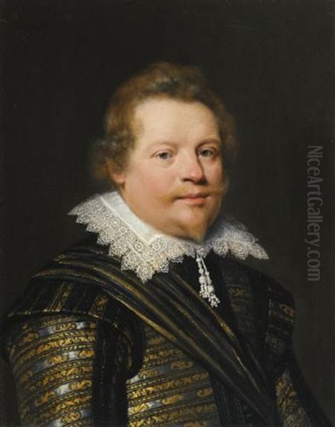 Portrait Of A Gentleman Wearing A Black And Gold Embroidered Doublet And A White Ruff Oil Painting by Jan Anthonisz Van Ravesteyn