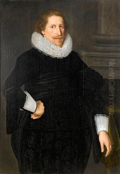 Portrait Of A Gentleman In Black Damask Costume With A White Lace Collar Oil Painting by Jan Anthonisz Van Ravesteyn