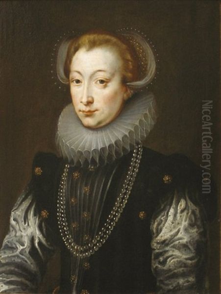 Portrait De Femme En Buste, Dans Une Collerette A Fraise, Avec Un Collier A Deux Rangs De Perles, Un Bonnet De Dentelles Dans Les Cheveux Oil Painting by Jan Anthonisz Van Ravesteyn