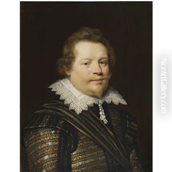 Portrait Of A Gentleman Wearing A Black And Gold Embroidered Doublet And A White Ruff Oil Painting by Jan Anthonisz Van Ravesteyn